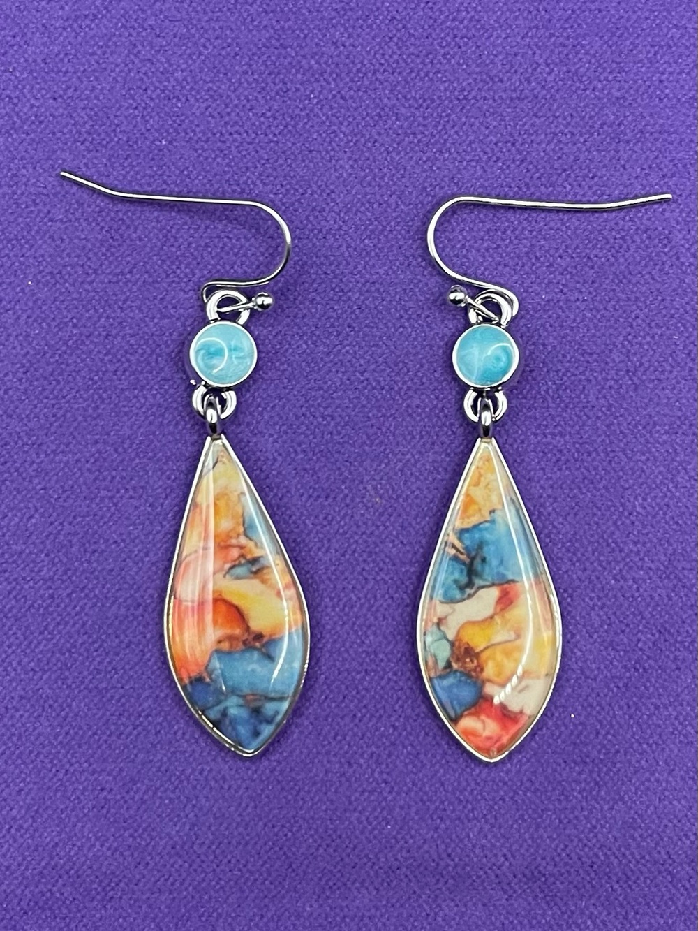 NWOT Stainless Steel Boho Multi-Color Turquoise Teardrop Dangle Earrings Boxed